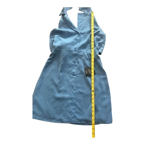 Lulus Extremely Chic Blue Collared Tie-Back Button-Up Mini Dress Size Small - Picture 6 of 9